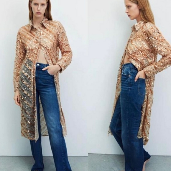 ZARA semi sheer sequin button up shirt dress - Picture 5 of 14